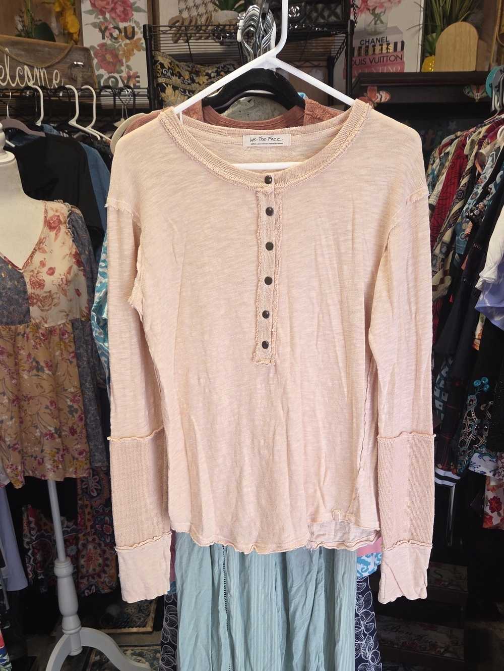 We the Free top button front trim, partial sweater long sleeves external seams